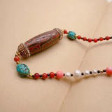 YYGEM 21'' Red Coral Pearl Turquoise Dzi Agate Necklace