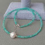 KKGEM Green Peruvian Amazonite Pearl Choker Necklace 17''