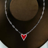 925 Silver Red Enamel Heart CZ Pendant Necklace with Paperclip Chain