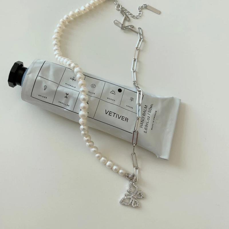 925 Silver Pearl Choker CZ Butterfly Necklace