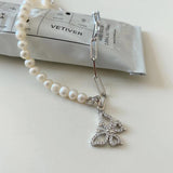 925 Silver Pearl Choker CZ Butterfly Necklace