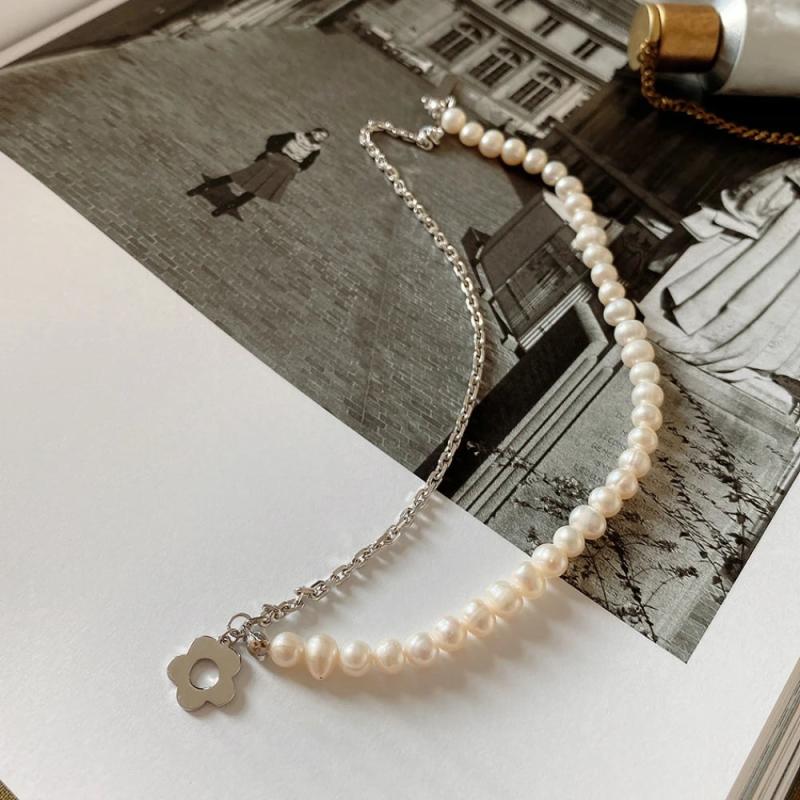 925 Silver Chain Flower Charm Pendant Freshwater Pearl Necklace