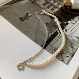 925 Silver Chain Flower Charm Pendant Freshwater Pearl Necklace