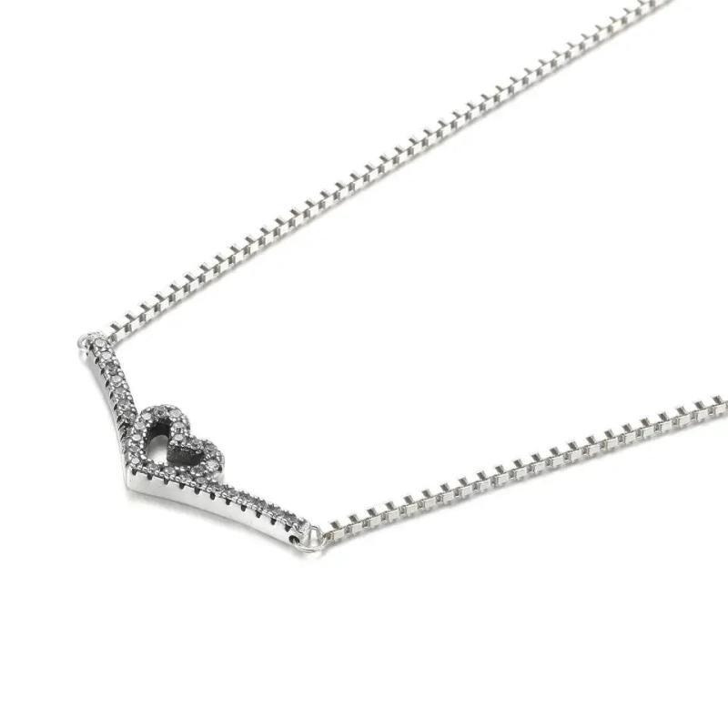 Sparkling Wishbone Heart Collier Necklace 925 Sterling Silver