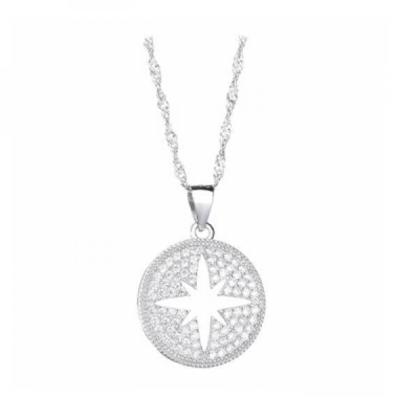 925 Silver Zircon Star Round Pendant Necklace For Women Christmas Jewelry