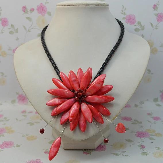 AA Real Pearl Shell Flower Necklace Red Flowers Fine Jewelry For Women