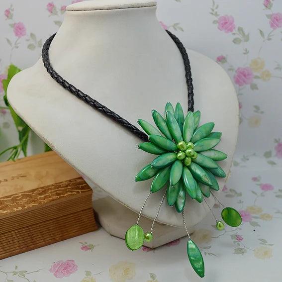 Real Pearl Shell Flower Necklace Green Pearls Fine Jewelry