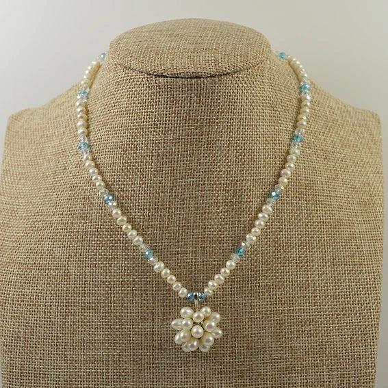 Real Pearl Necklace 3-4mm Crystal Beads Freshwater Pearls Flower Pendant
