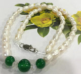 7-8mm akoya Freshwater Rice Pearl & 8-10mm Green Agate Necklace 18