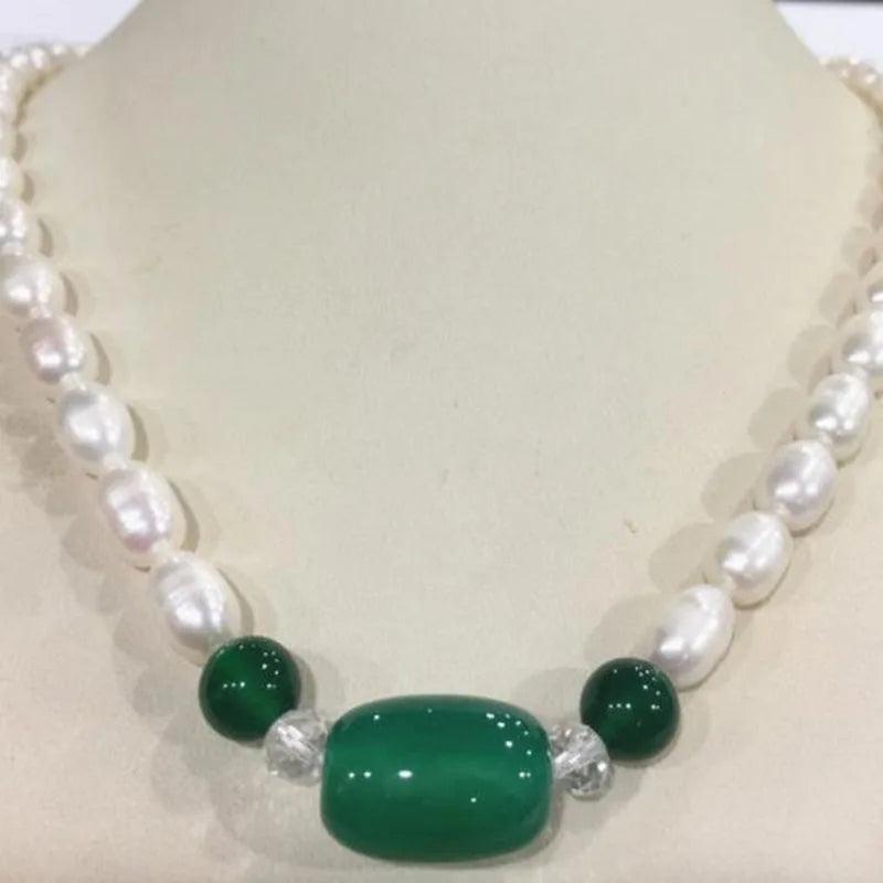 7-8mm Akoya Freshwater Rice Pearl & Green Agate Necklace