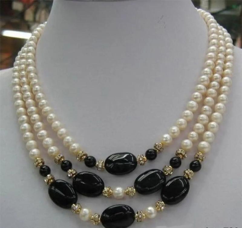 3 Rows 7-8mm Pearl + Agate 18KGP Crystal Clasp Necklace