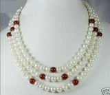 3 Row Freshwater Pearl & Red Jade Necklace AA