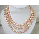 NATURAL 3strands 11mm baroque pink pearl necklace