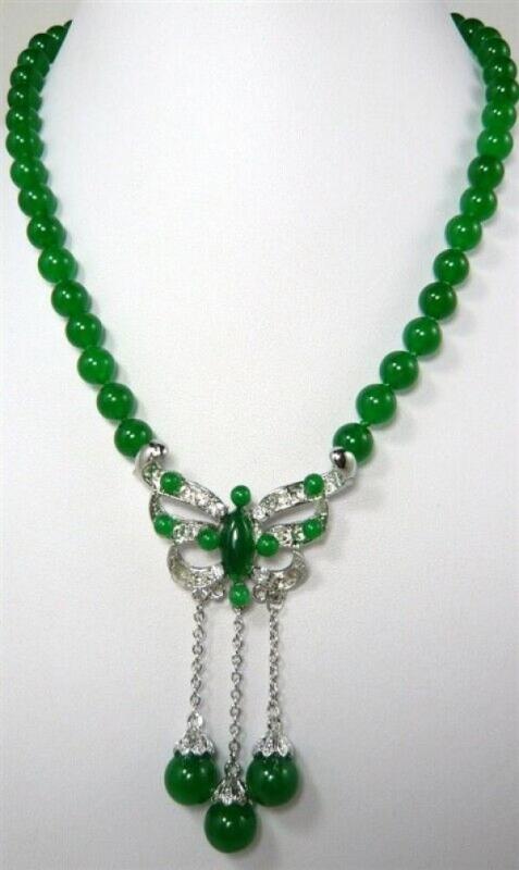 8mm Emerald Green Jade Beads Crystal Butterfly Pendant Necklace