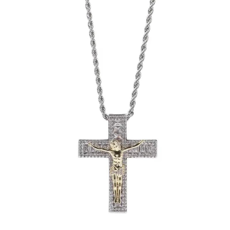 Vintage Micro Pave CZ Hiphop Jesus Cross Pendant Necklace for Men