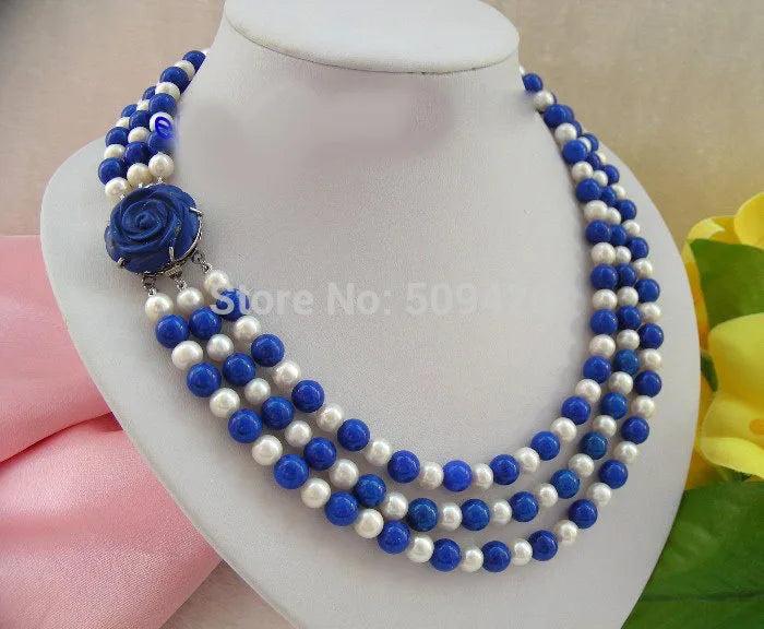 3-row Freshwater Pearl Lapis Lazuli Necklace