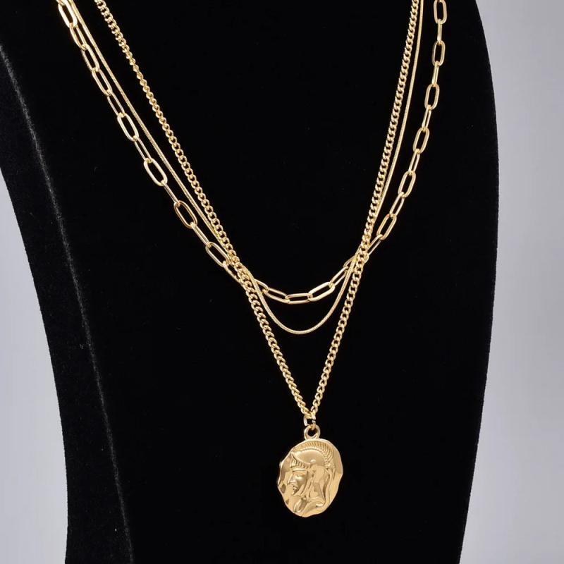 18K Plated Embossed Coin Pendant Necklace Three Layers Snake Bone Chain