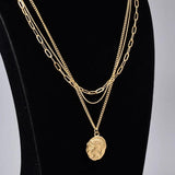 18K Plated Embossed Coin Pendant Necklace Three Layers Snake Bone Chain