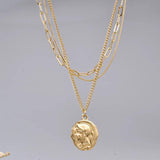 18K Plated Embossed Coin Pendant Necklace Three Layers Snake Bone Chain