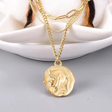 18K Plated Embossed Coin Pendant Necklace Three Layers Snake Bone Chain