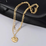 18K Plated Embossed Coin Pendant Necklace Three Layers Snake Bone Chain