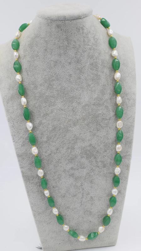 Green Jade Wave Pearl Necklace 30in