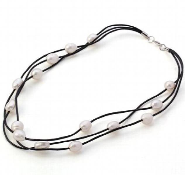 Gray Real Pearl Leather Necklace 3 Strands Choker 10-11mm