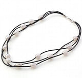 Gray Real Pearl Leather Necklace 3 Strands Choker 10-11mm