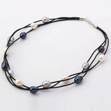 Gray Real Pearl Leather Necklace 3 Strands Choker 10-11mm
