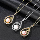 925 Silver Pearl Necklace Zircon Pave Ethnic Style Pendant Necklace JPN333