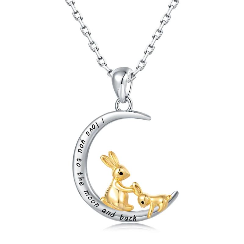 925 Silver Mother & Child Rabbit in Moon Pendant Necklace for Women