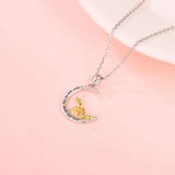 925 Silver Mother & Child Rabbit in Moon Pendant Necklace for Women