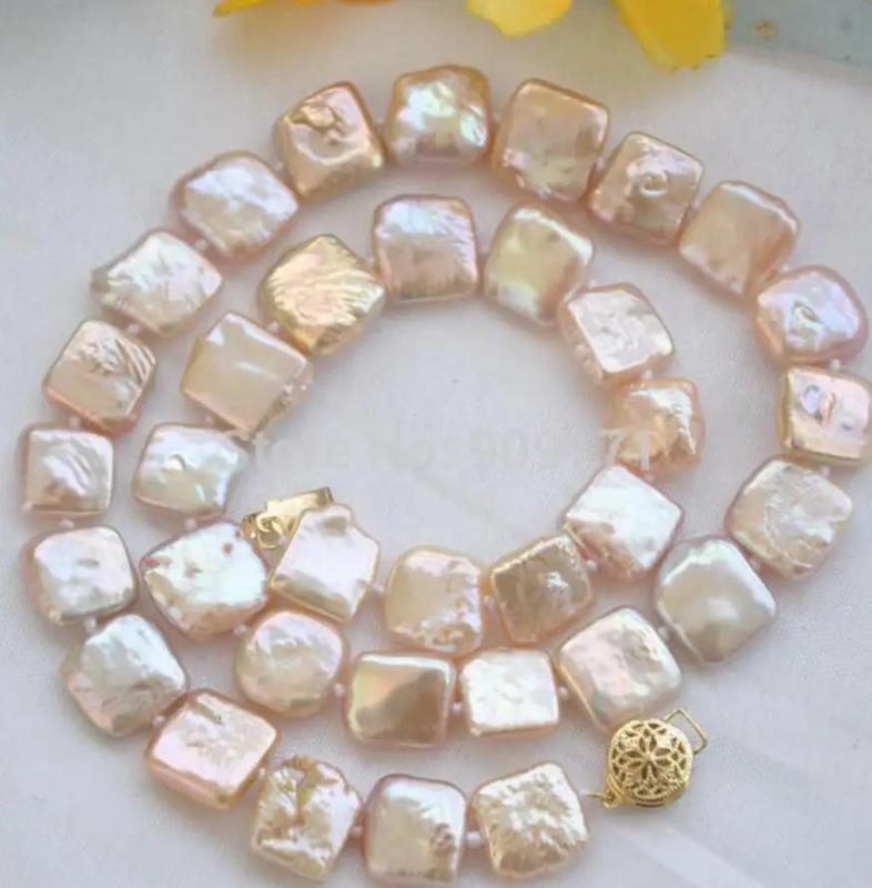 12mm NATURE pink square coin freshwater pearl necklace 16inch