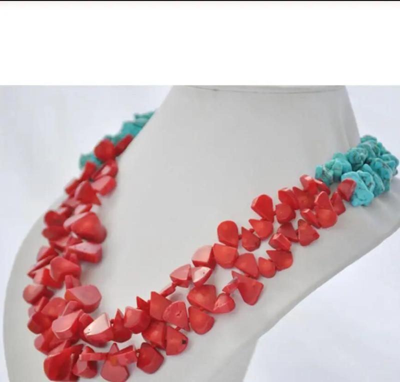 Red Coral Melon Seeds Turquoise Nubby Necklace 20-inch