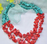 Red Coral Melon Seeds Turquoise Nubby Necklace 20-inch
