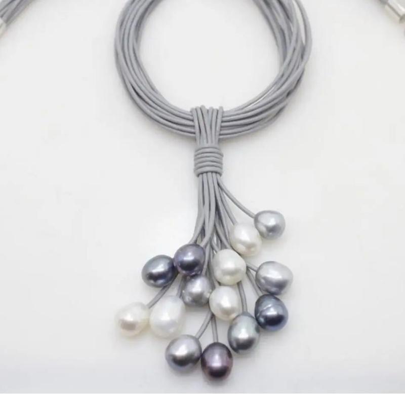 12mm Gray Freshwater Pearl Necklace with Leather Cord