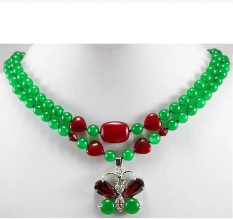 Green & Red Jade Necklace with Crystal Butterfly Pendant