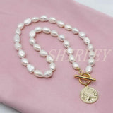 Baroque Natural Pearl Coin Pendant Necklace OT Buckle Ladies Mother Gift