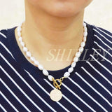 Baroque Natural Pearl Coin Pendant Necklace OT Buckle Ladies Mother Gift