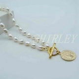 Baroque Natural Pearl Coin Pendant Necklace OT Buckle Ladies Mother Gift