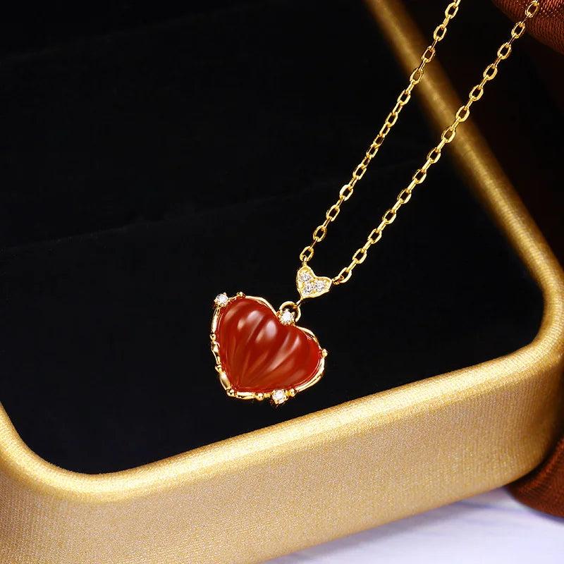 Retro Red Heart Love S925 Sterling Silver Red Agate Necklace Set