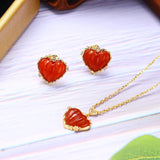 Retro Red Heart Love S925 Sterling Silver Red Agate Necklace Set