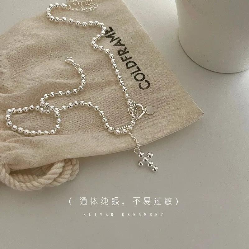 925 Sterling Silver Cross Bead Choker Chain Necklace