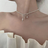 925 Sterling Silver Cross Bead Choker Chain Necklace