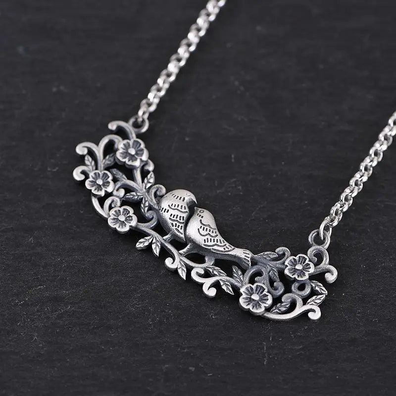925 Silver Necklace Women Flower Bird Pendant