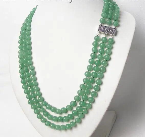 Natural Green Jade 3 Row 8mm Round Necklace