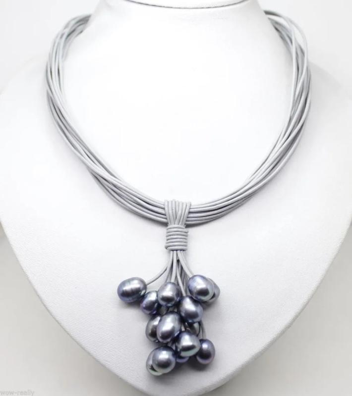 Pearl Pendant Necklace Leather Cord Chain Magnet Clasp 18''