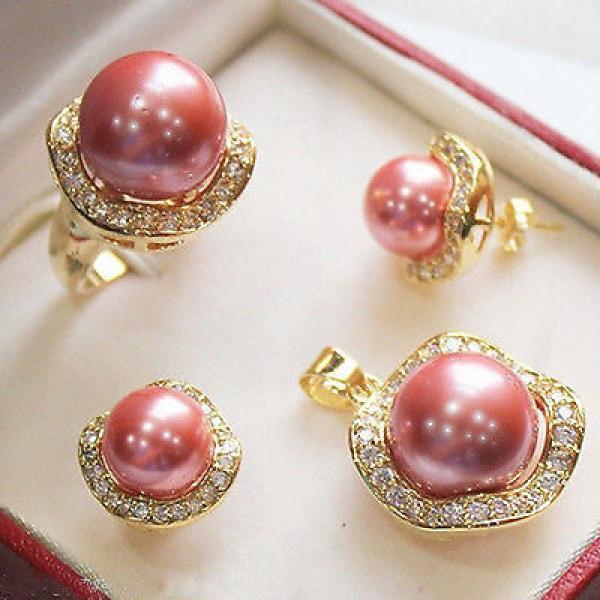 Pink Shell Pearl Jewelry Set + Chain Watch Quartz Stone CZ Crystal