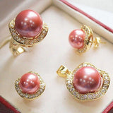 Pink Shell Pearl Jewelry Set + Chain Watch Quartz Stone CZ Crystal