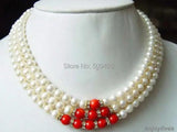 3-Row Red Coral and Crystal Necklace